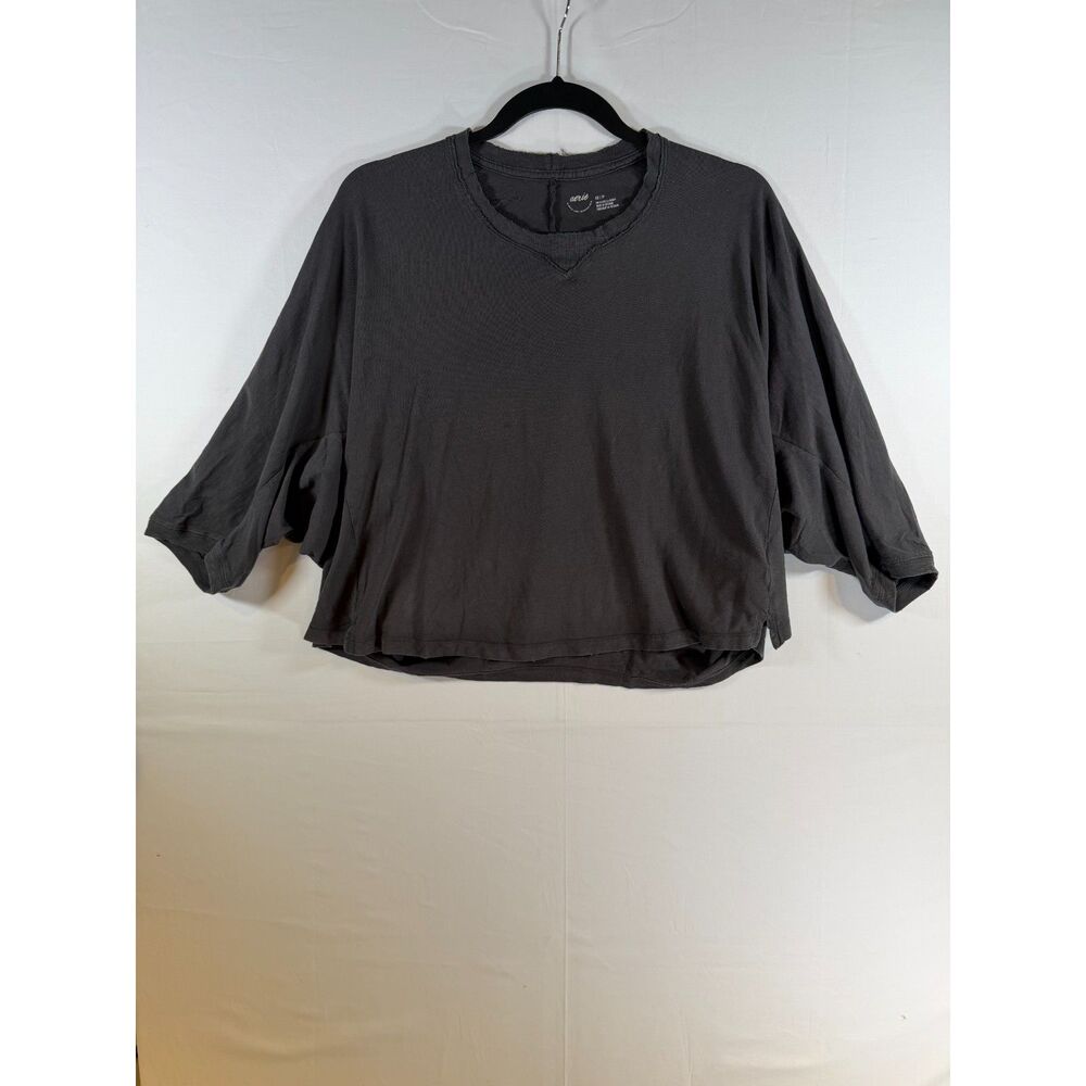 Aerie Washed Charcoal Grey Cropped Batwing T-Shirt Womens XS Distressed Neckline